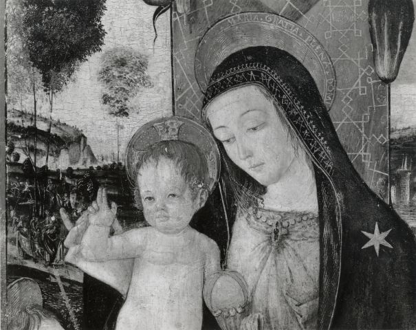 The Walters Art Museum — Gentile da Fabriano, Francesco di. Italian, 15th cen. Madonna and Child w. Infant St. John and Angels — particolare, durante il restauro
